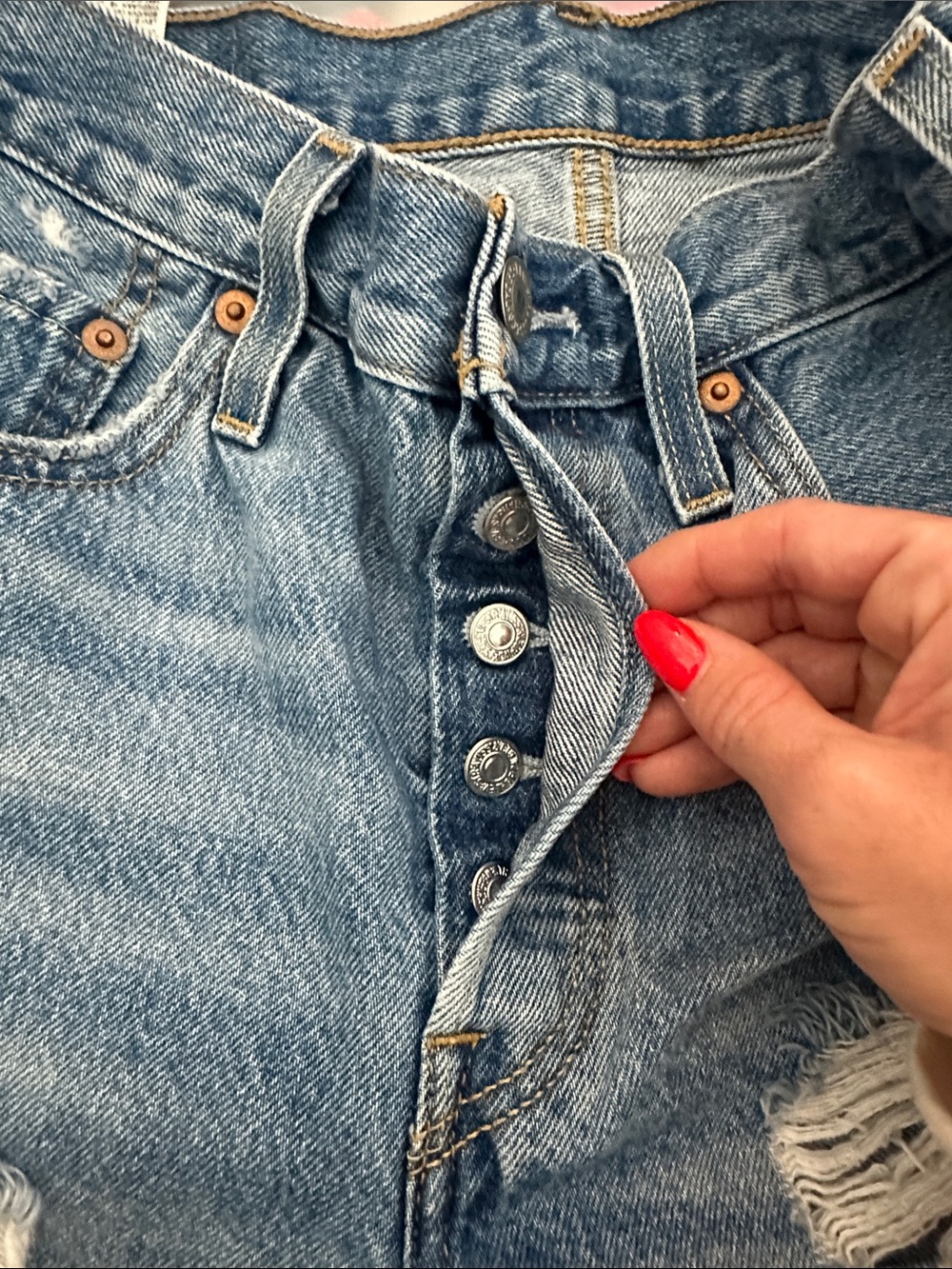 Levi's Distressed Light Blue High-Rise Jean Shorts - Picture 6 of 6